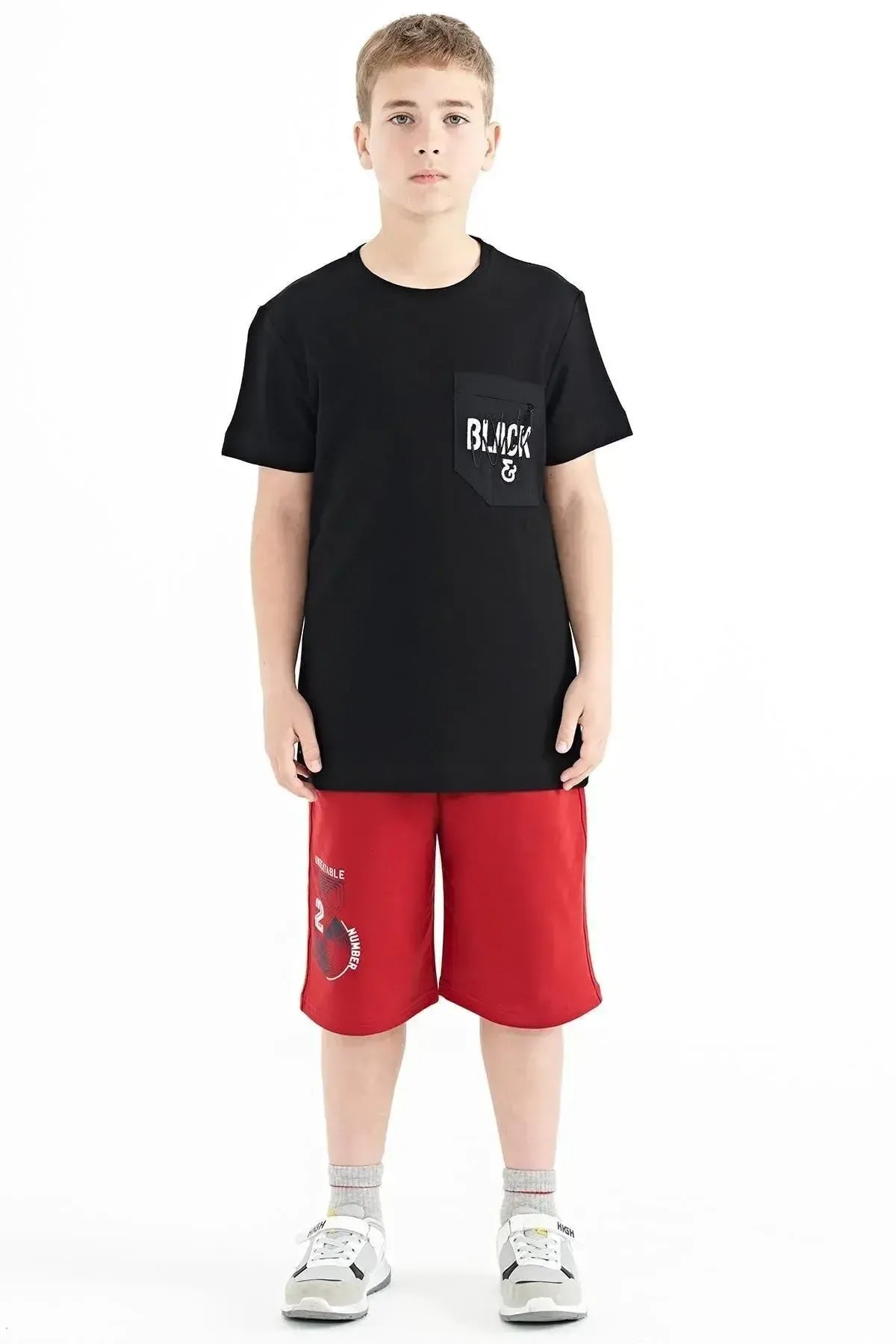 Black Front Pocket Embroidered O Collar Standard Fit Boys T-Shirt - 11116