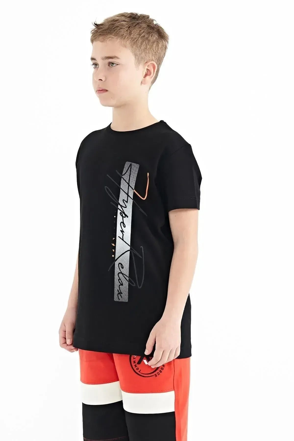 Black Print O Neck Standard Fit Boys T-Shirt - 11119