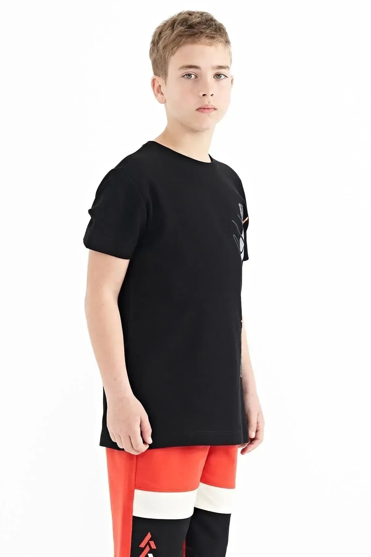 Black Print O Neck Standard Fit Boys T-Shirt - 11119
