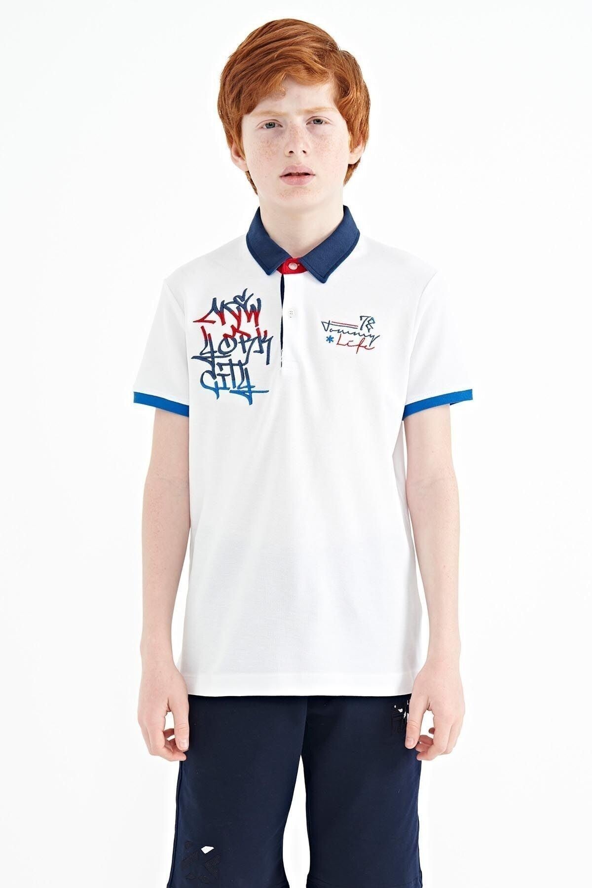 White Embroidered Detailed Standard Template Polo Collar Boys T-Shirt - 11085