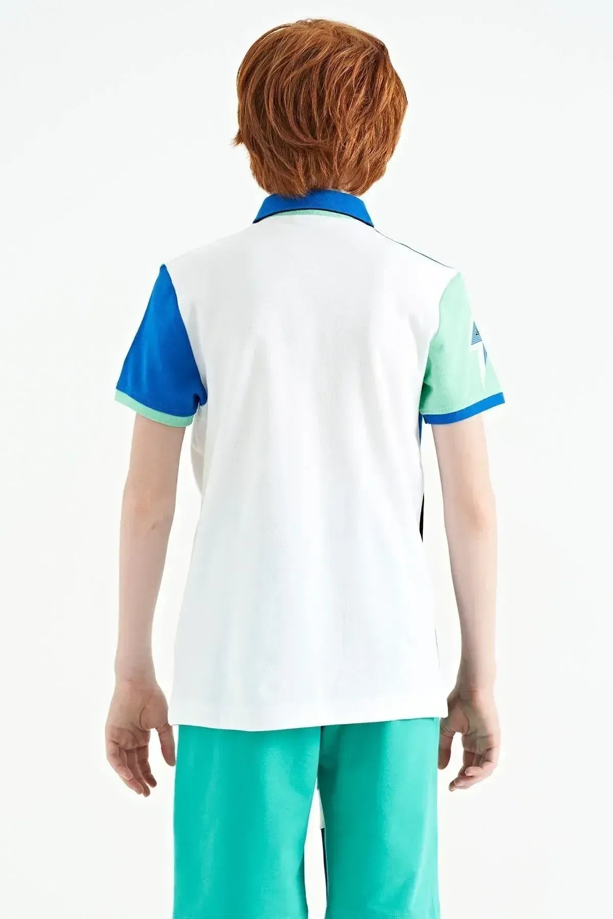 White Color Block Print Detailed Standard Fit Polo Collar Boys T-shirt - 11112