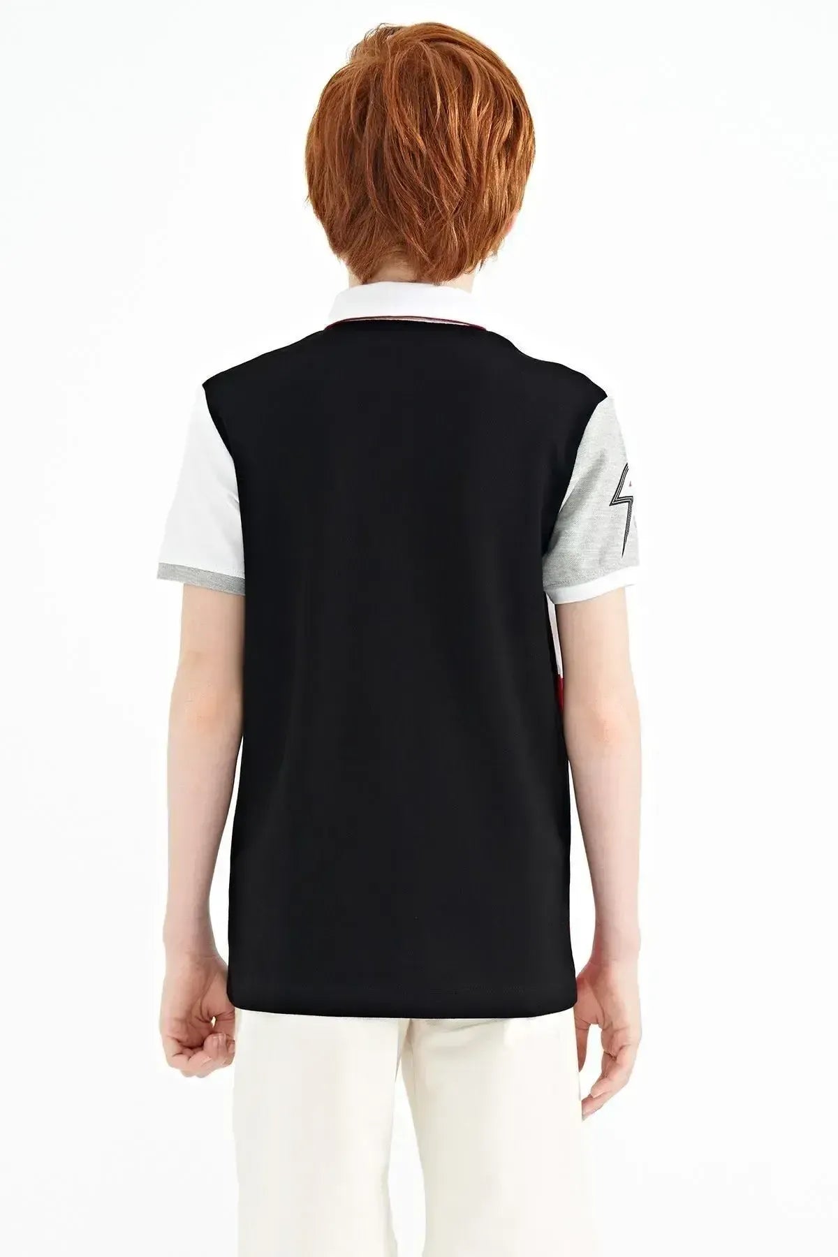 Black Color Block Print Detailed Standard Fit Polo Collar Boys T-shirt - 11112