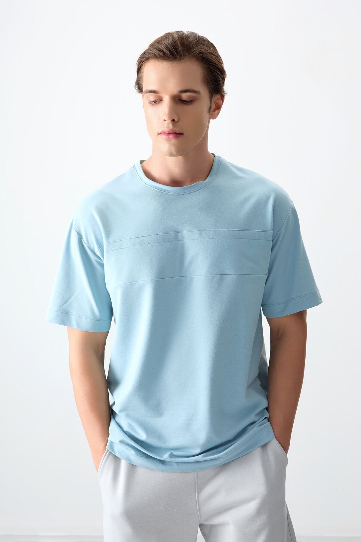 Light Blue Cotton Thick Soft Textured Oversize Fit Basic Men's T-Shirt - 88378