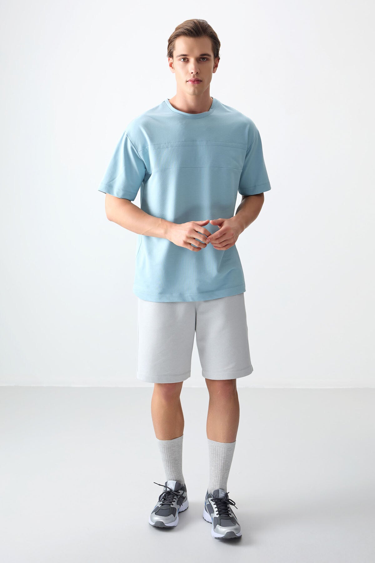 Light Blue Cotton Thick Soft Textured Oversize Fit Basic Men's T-Shirt - 88378
