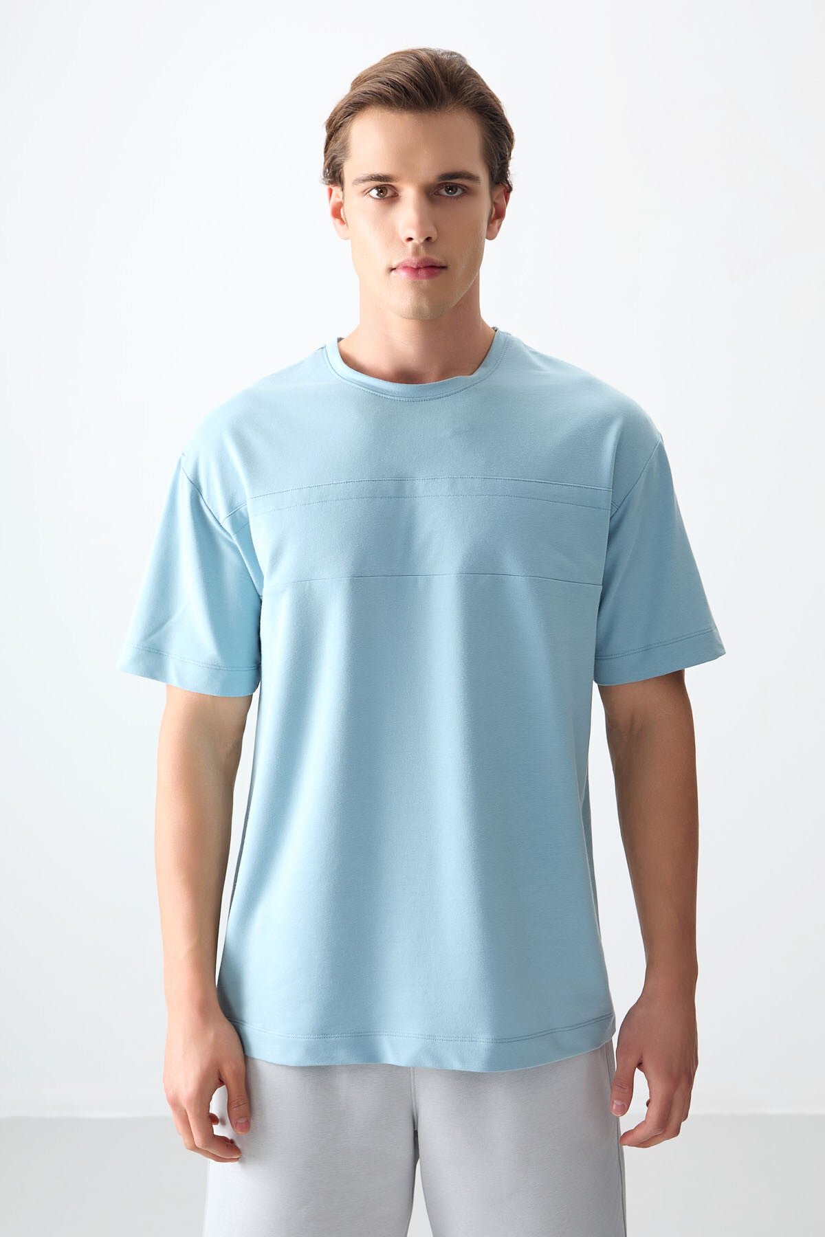 Light Blue Cotton Thick Soft Textured Oversize Fit Basic Men's T-Shirt - 88378