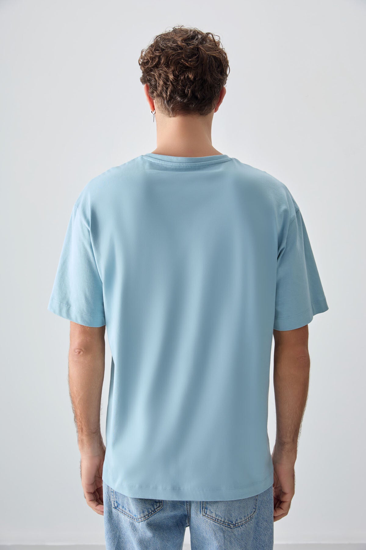 Light Blue 100% Cotton Thick Soft Textured Oversize Fit Printed Men's T-Shirt - 88355