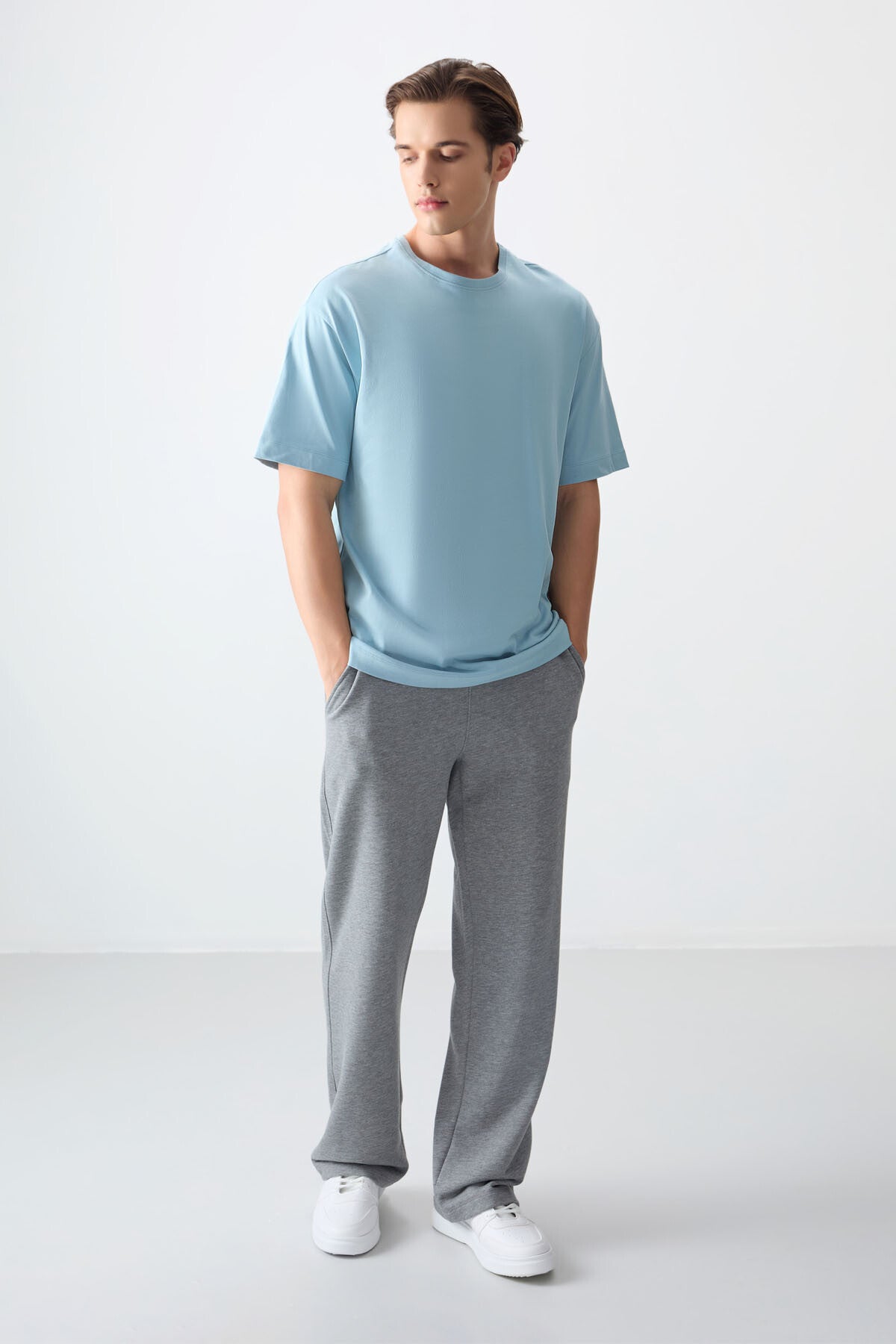 Light Blue 100% Cotton Thick Soft Textured Oversize Fit Basic Men's T-Shirt - 88353