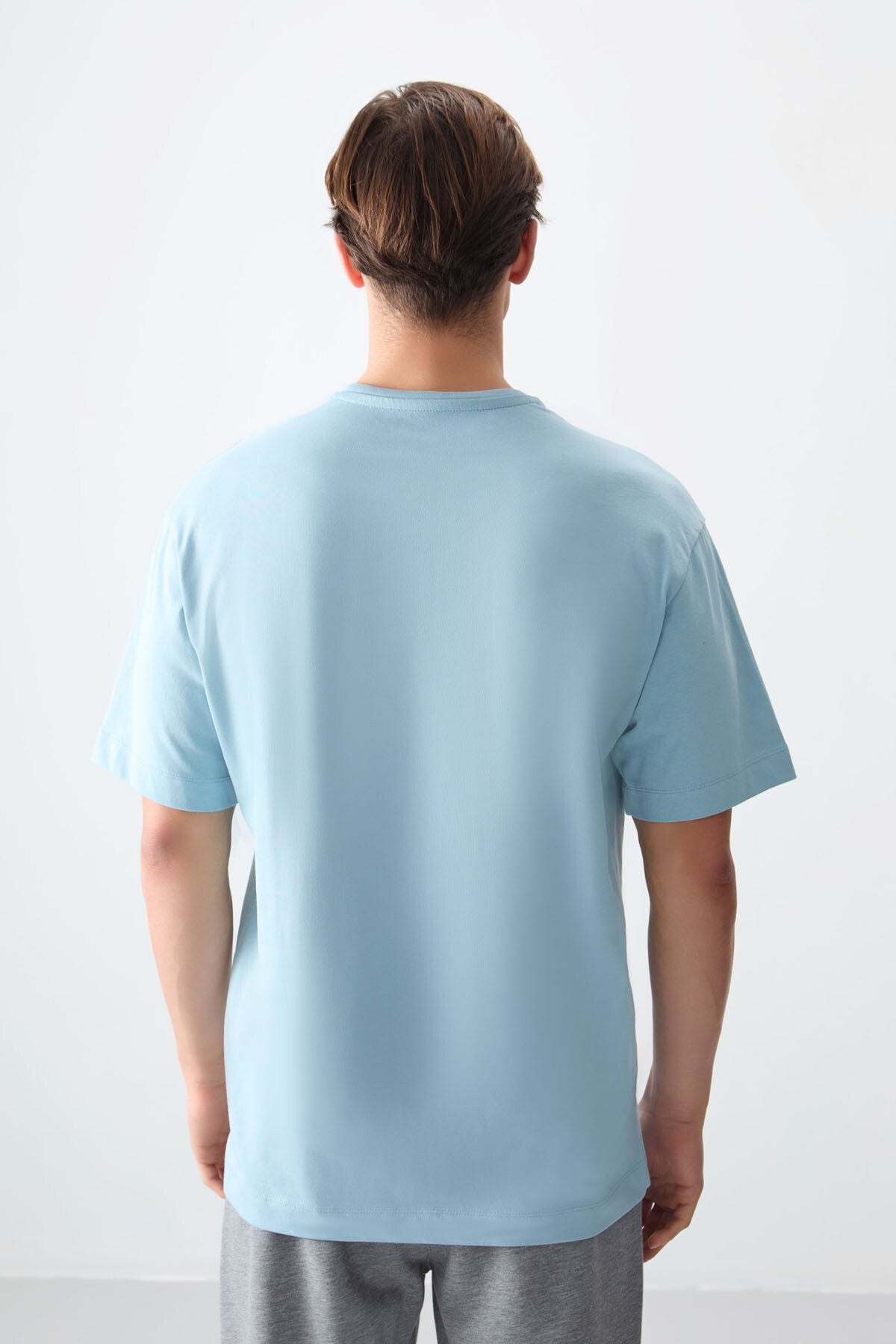 Light Blue 100% Cotton Thick Soft Textured Oversize Fit Basic Men's T-Shirt - 88353