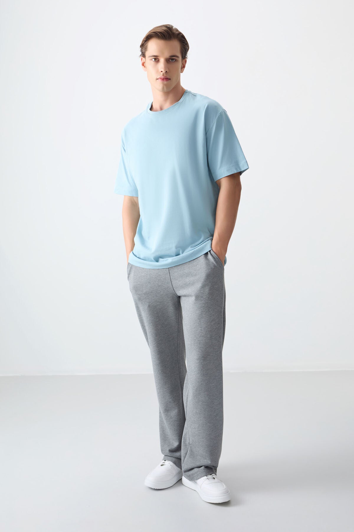 Light Blue 100% Cotton Thick Soft Textured Oversize Fit Basic Men's T-Shirt - 88353