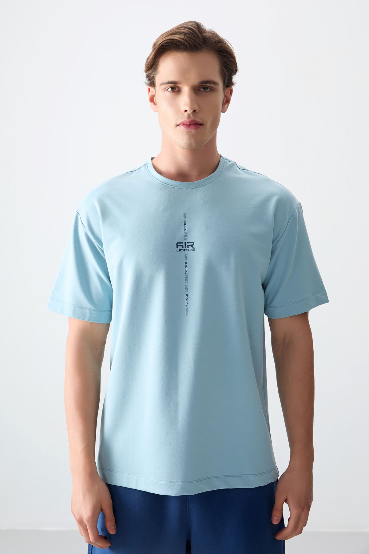 Light Blue Cotton Thick Soft Textured Oversize Fit Printed Men's T-Shirt - 88373