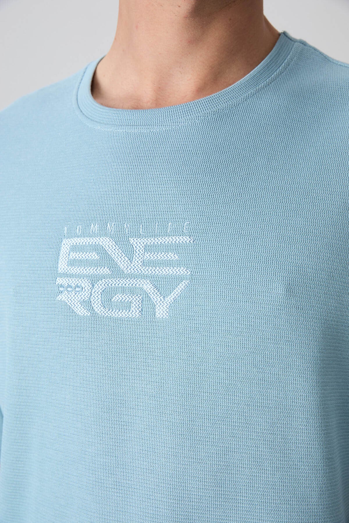 Light Blue Cotton Thick Textured Surface Oversize Fit Printed Men's T-Shirt - 88336