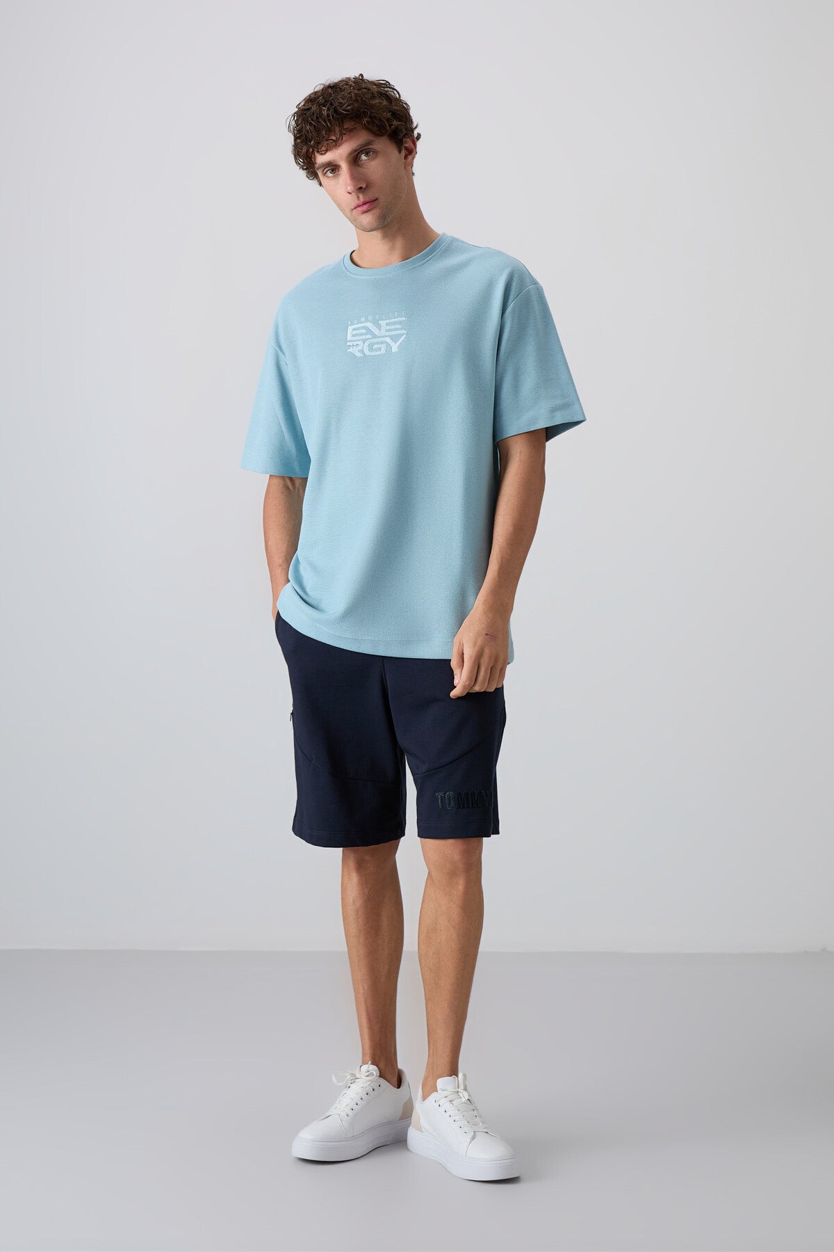 Light Blue Cotton Thick Textured Surface Oversize Fit Printed Men's T-Shirt - 88336