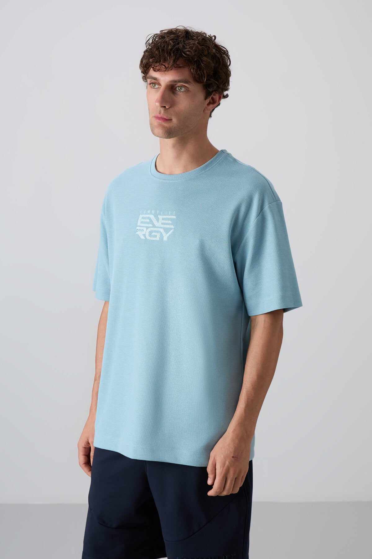 Light Blue Cotton Thick Textured Surface Oversize Fit Printed Men's T-Shirt - 88336
