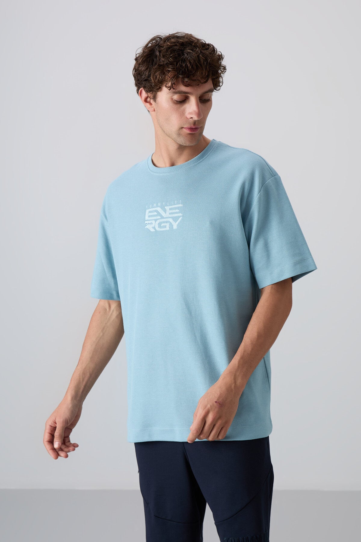 Light Blue Cotton Thick Textured Surface Oversize Fit Printed Men's T-Shirt - 88336