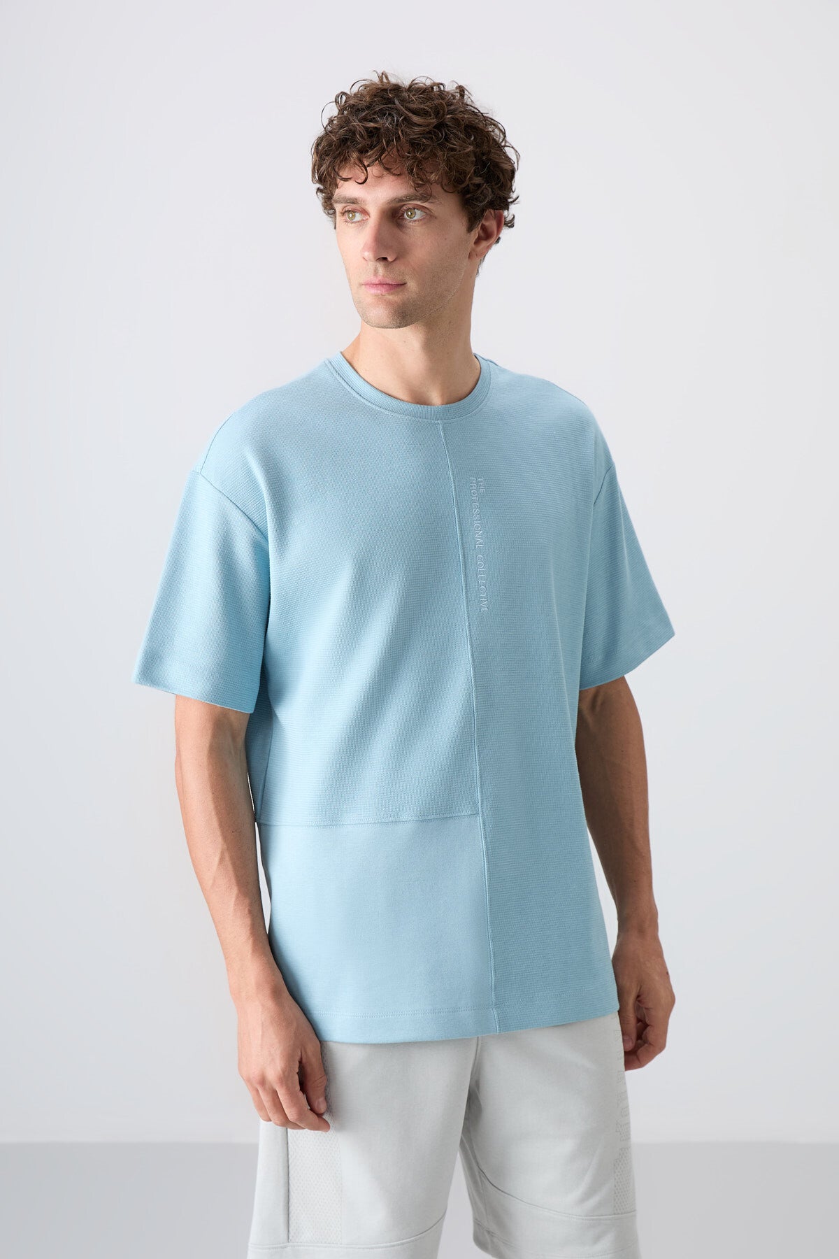 Light Blue Cotton Thick Textured Surface Oversize Fit Basic Men's T-Shirt - 88337