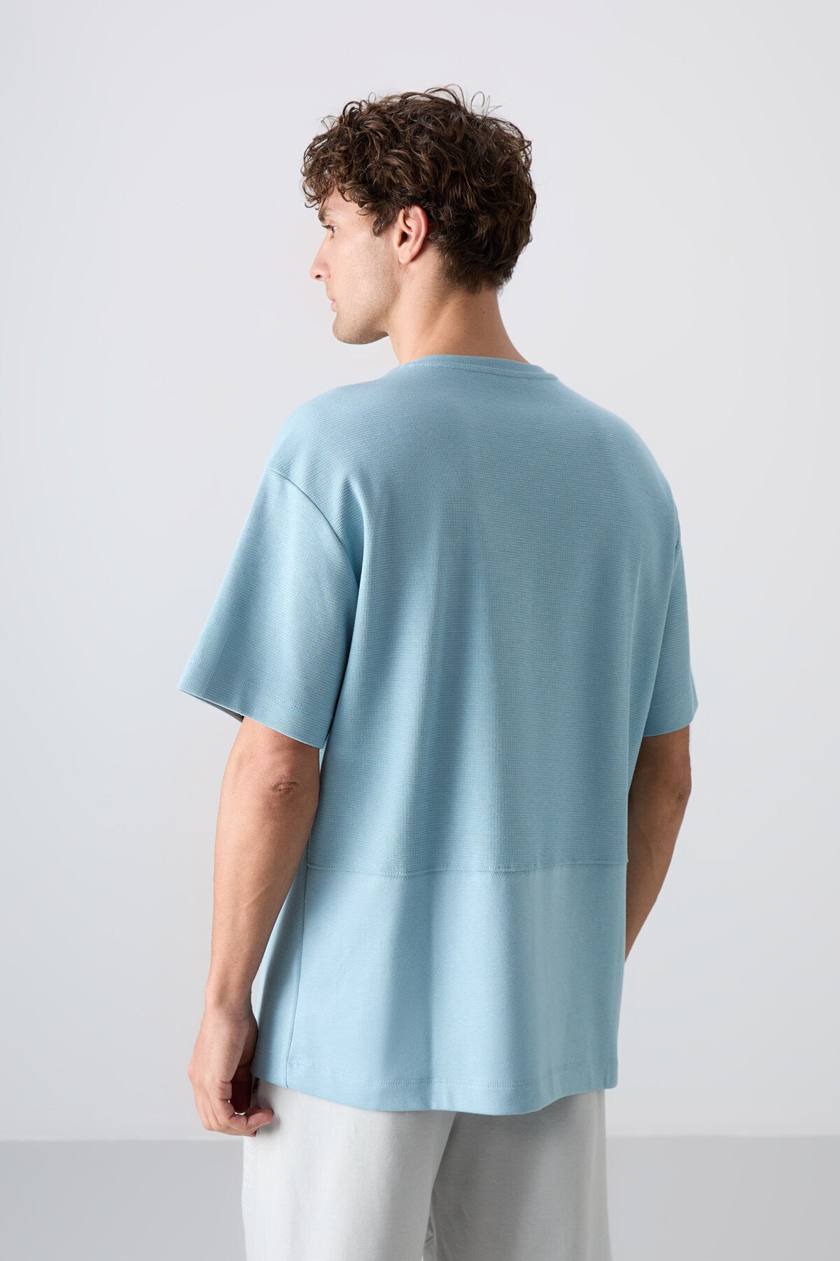 Light Blue Cotton Thick Textured Surface Oversize Fit Basic Men's T-Shirt - 88337