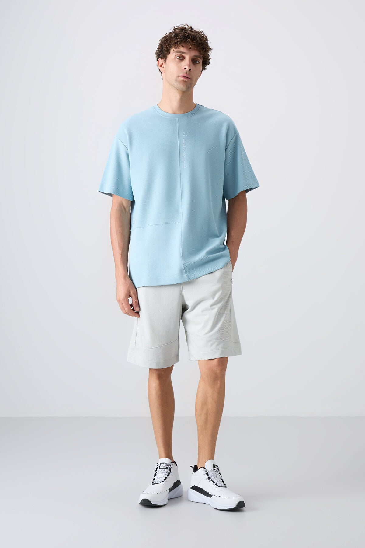 Light Blue Cotton Thick Textured Surface Oversize Fit Basic Men's T-Shirt - 88337