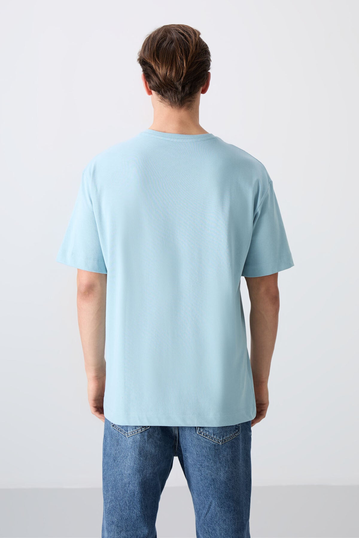 Light Blue Cotton Thick Soft Textured Oversize Fit Printed Men's T-Shirt - 88330