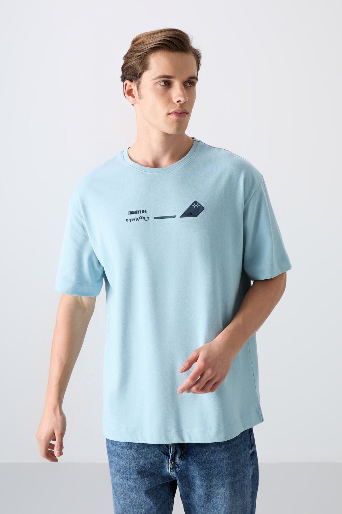 Light Blue Cotton Thick Soft Textured Oversize Fit Printed Men's T-Shirt - 88330
