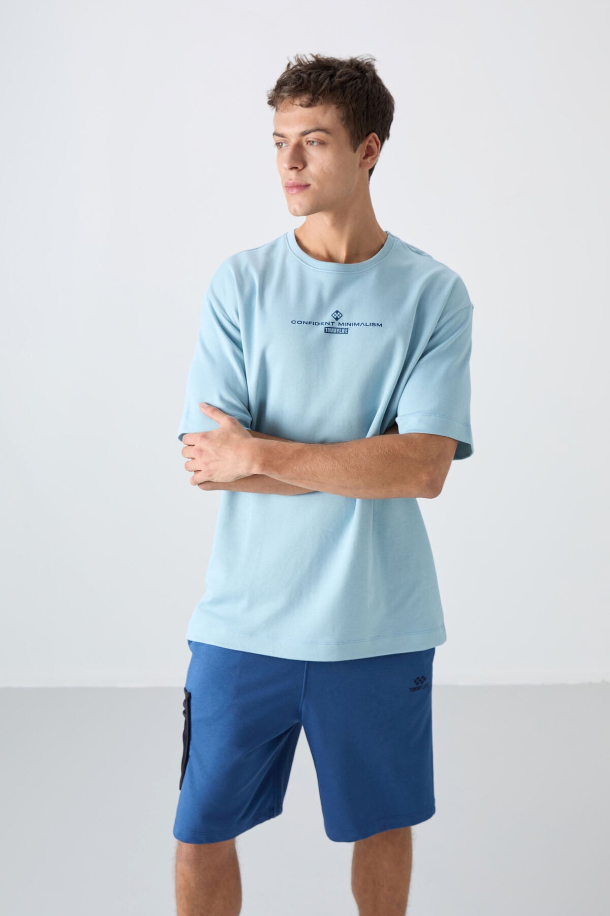 Light Blue Cotton Thick Soft Textured Oversize Fit Printed Men's T-Shirt - 88321
