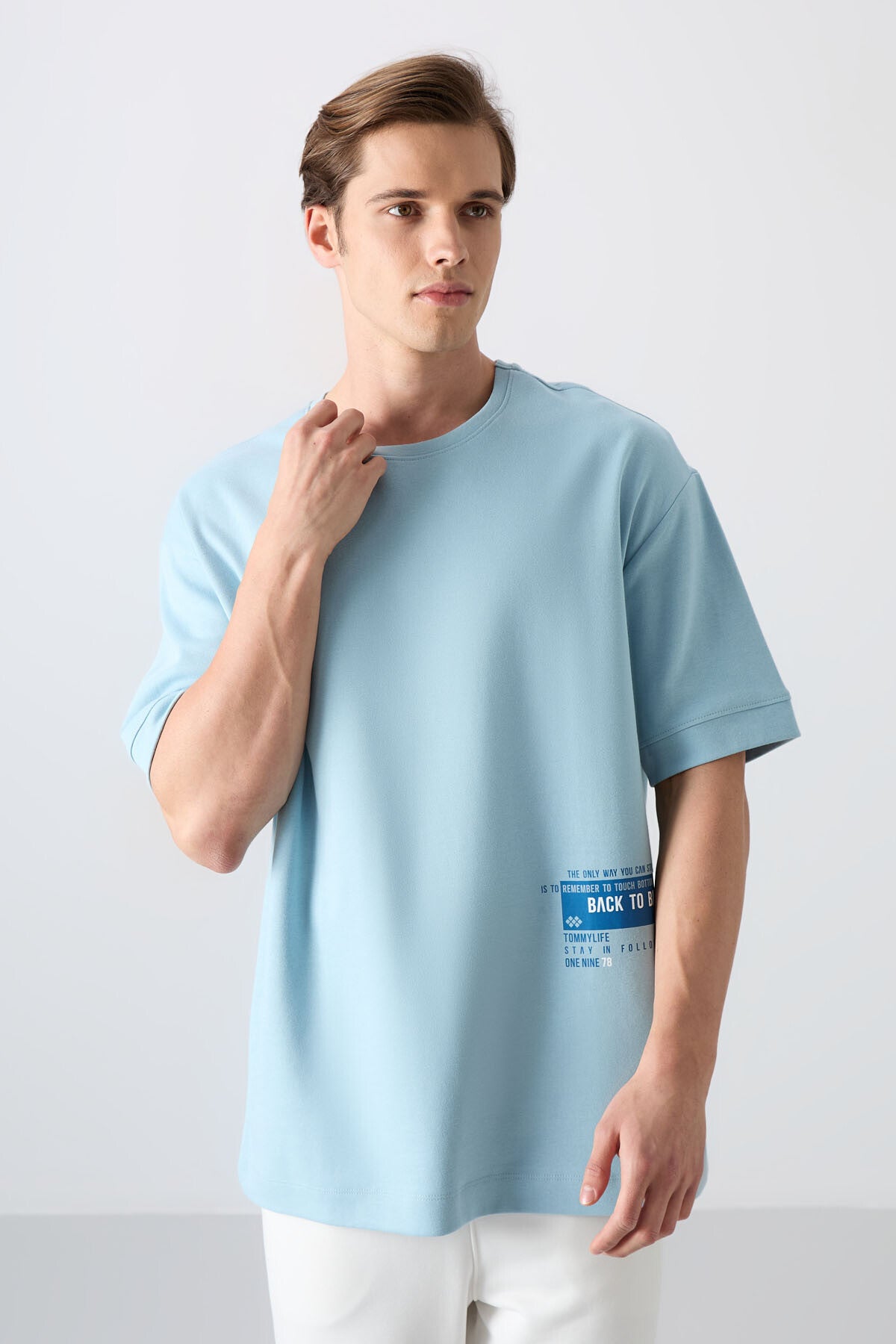 Light Blue Cotton Thick Soft Textured Oversize Fit Printed Men's T-Shirt - 88322