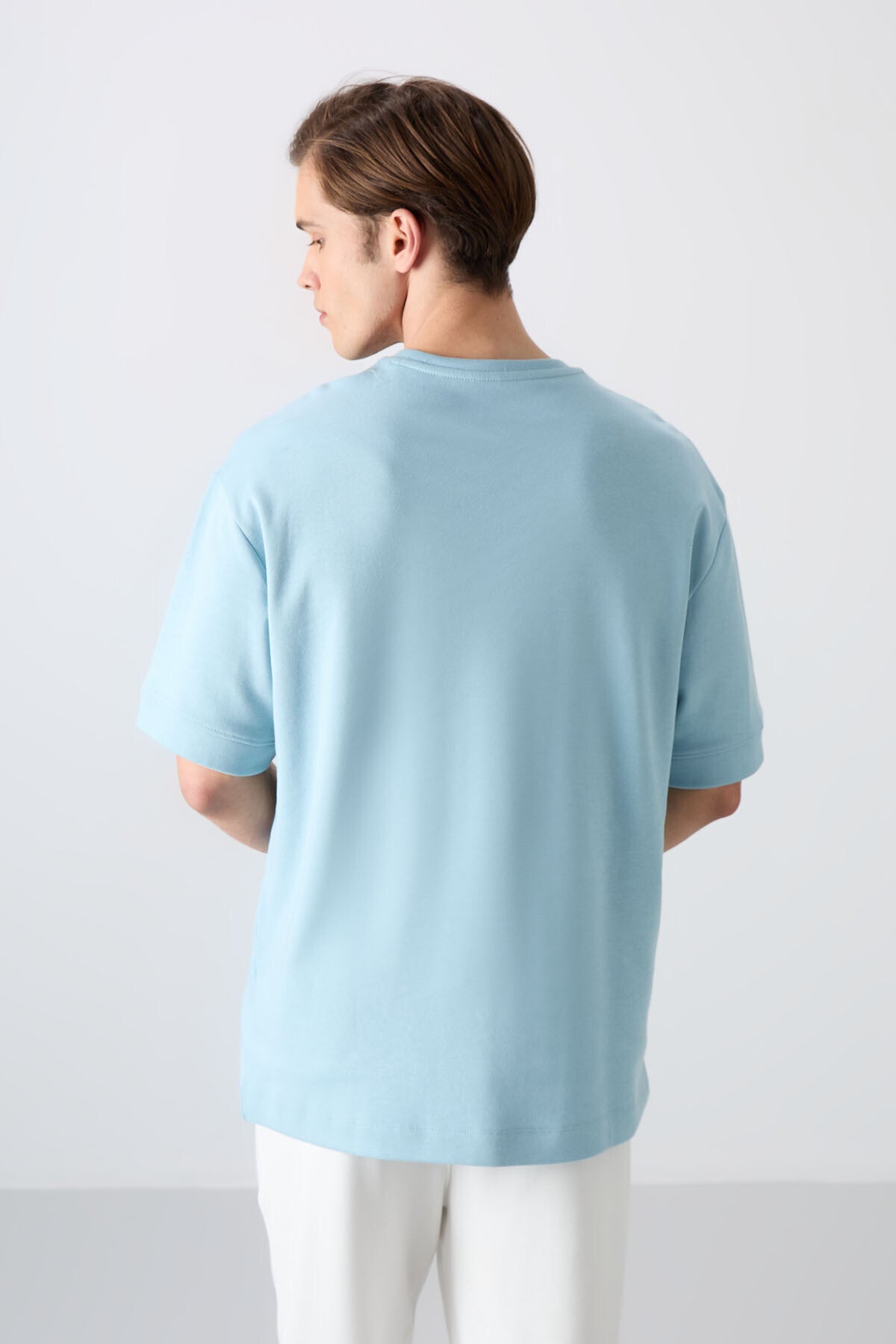 Light Blue Cotton Thick Soft Textured Oversize Fit Printed Men's T-Shirt - 88322