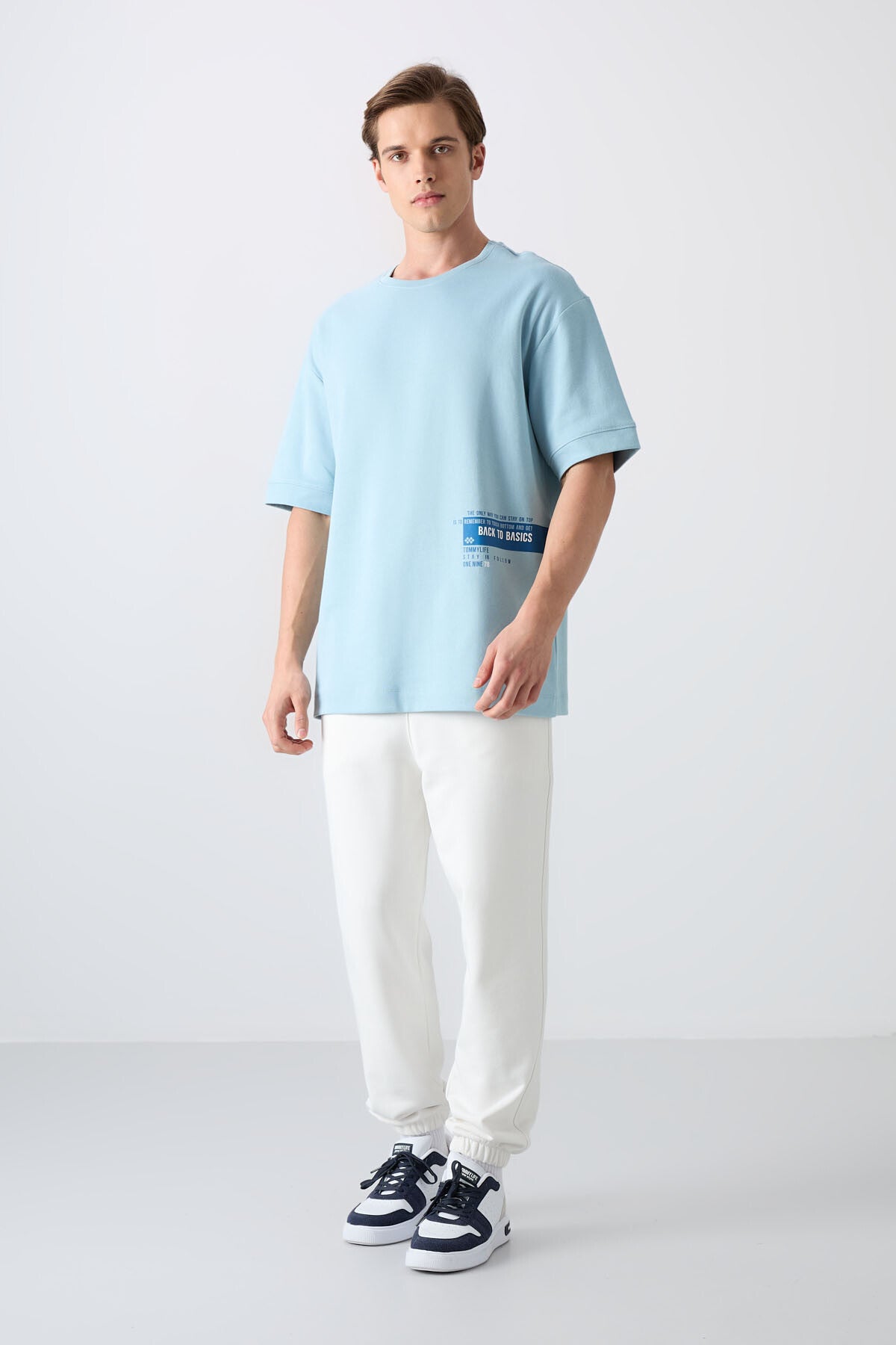 Light Blue Cotton Thick Soft Textured Oversize Fit Printed Men's T-Shirt - 88322