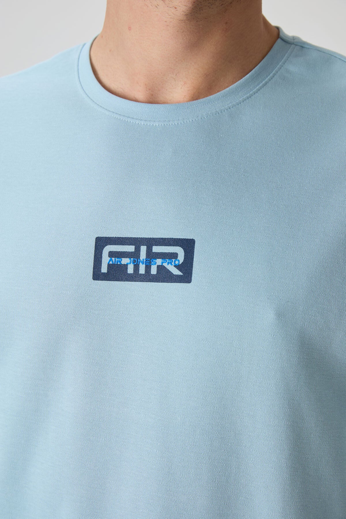 Light Blue Cotton Thick Textured Surface Oversize Fit Printed Men's T-Shirt - 88367