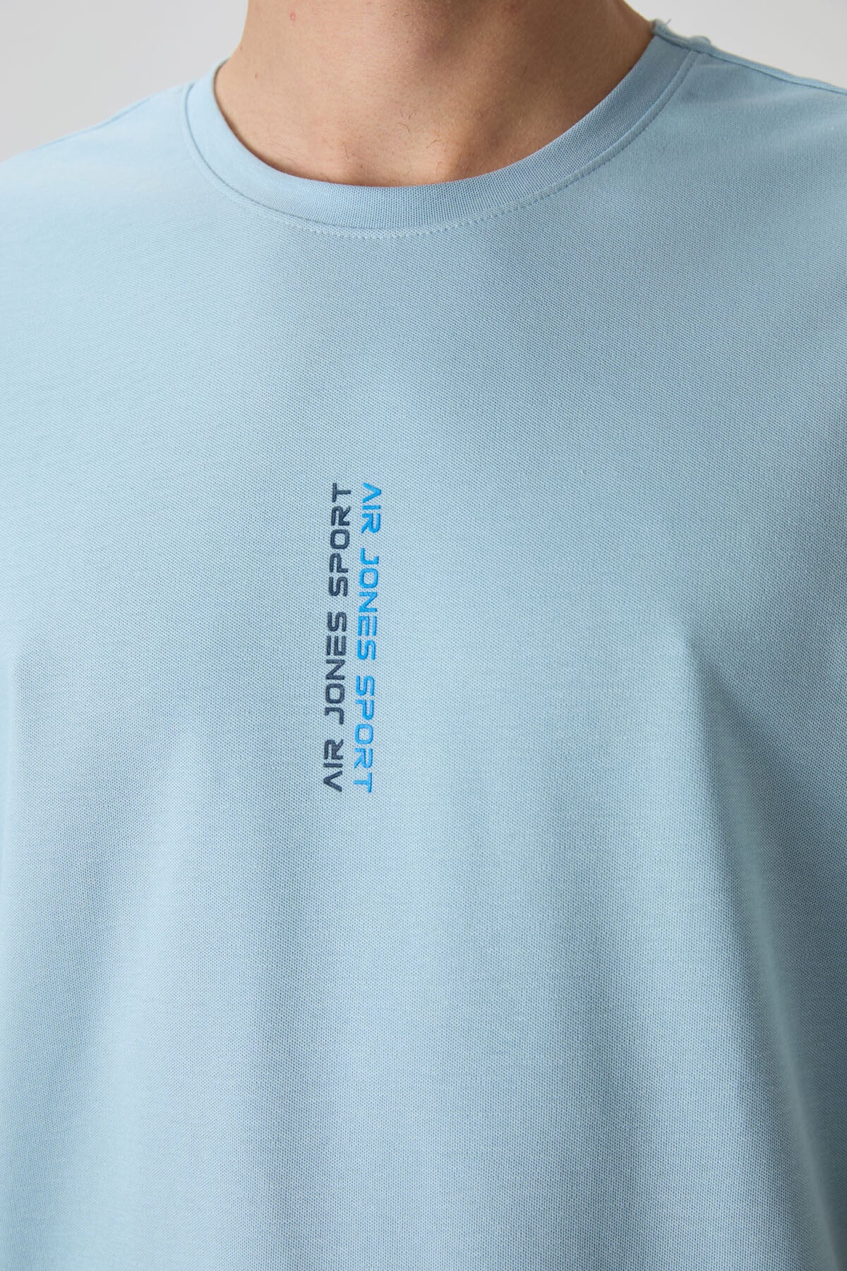 Light Blue Cotton Thick Textured Surface Oversize Fit Printed Men's T-Shirt - 88368