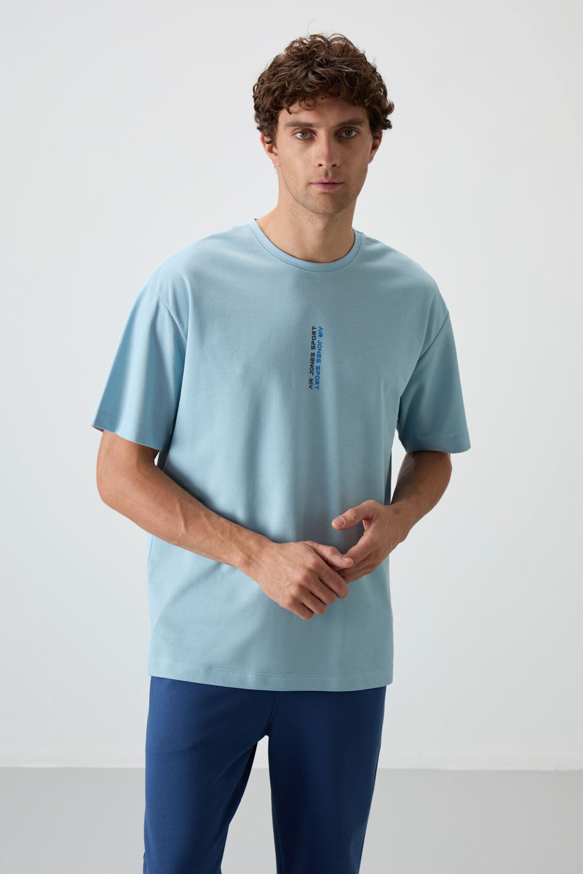 Light Blue Cotton Thick Textured Surface Oversize Fit Printed Men's T-Shirt - 88368