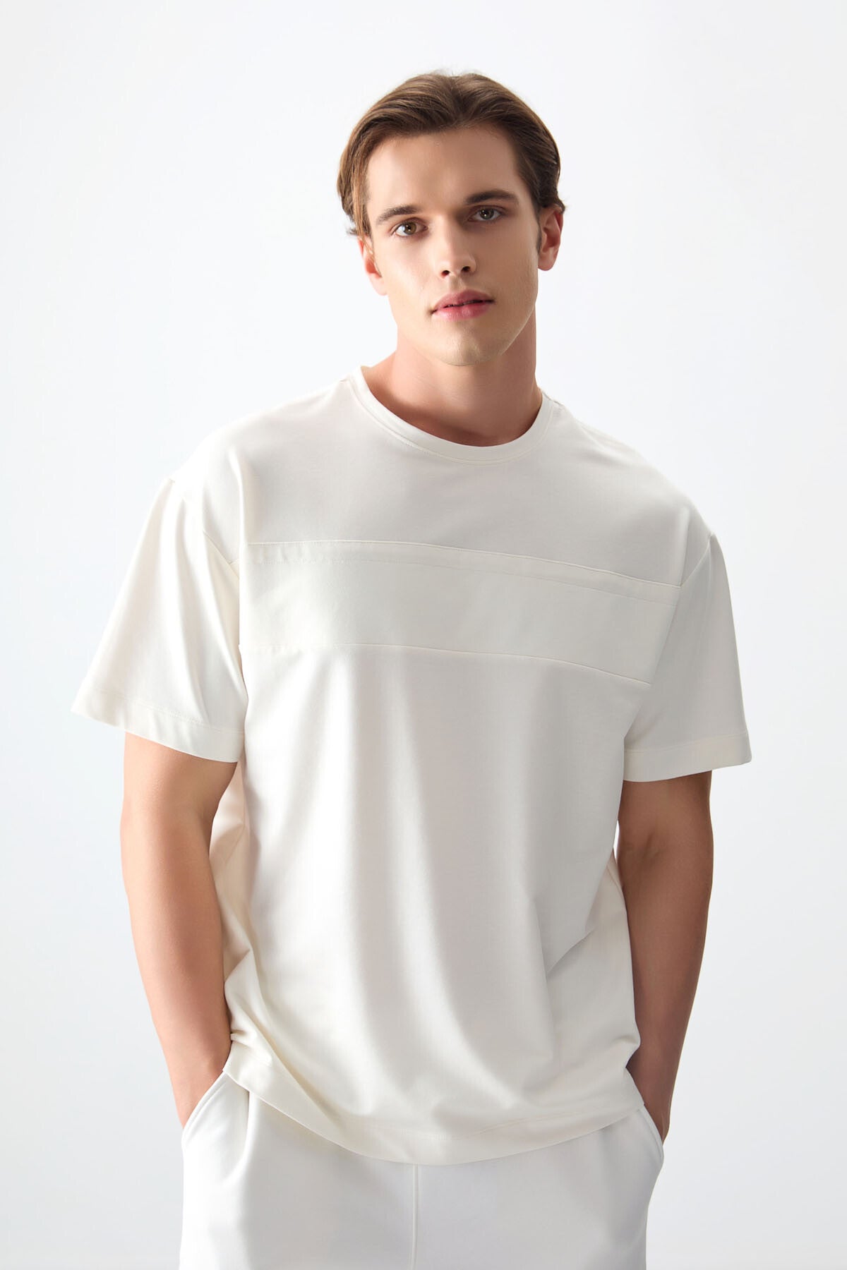 Ecru Thick Soft Textured Cotton Oversize Fit Basic Men's T-Shirt - 88378