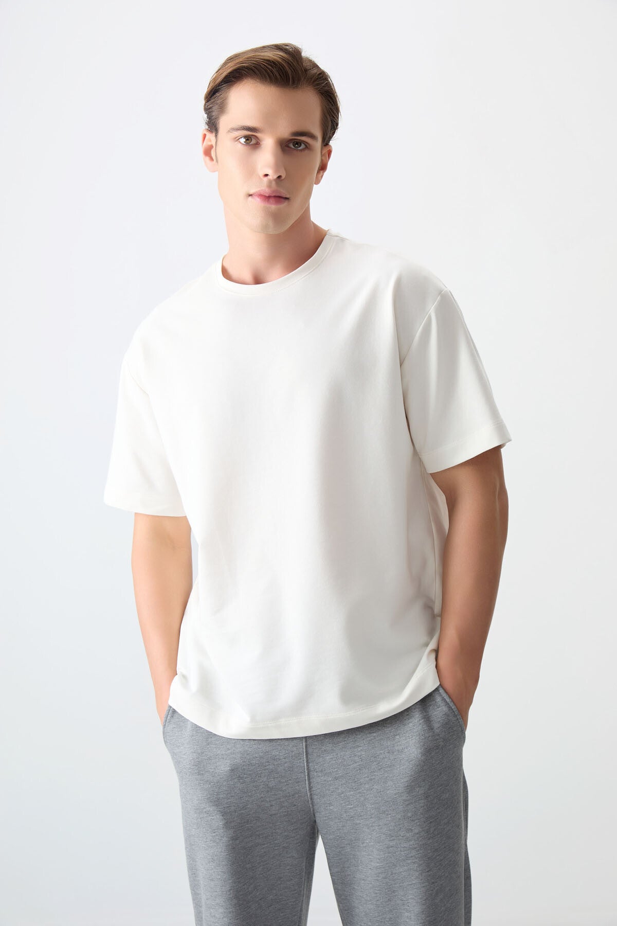 Beige Cotton Thick Soft Textured Oversize Fit Basic Men's T-Shirt - 88377