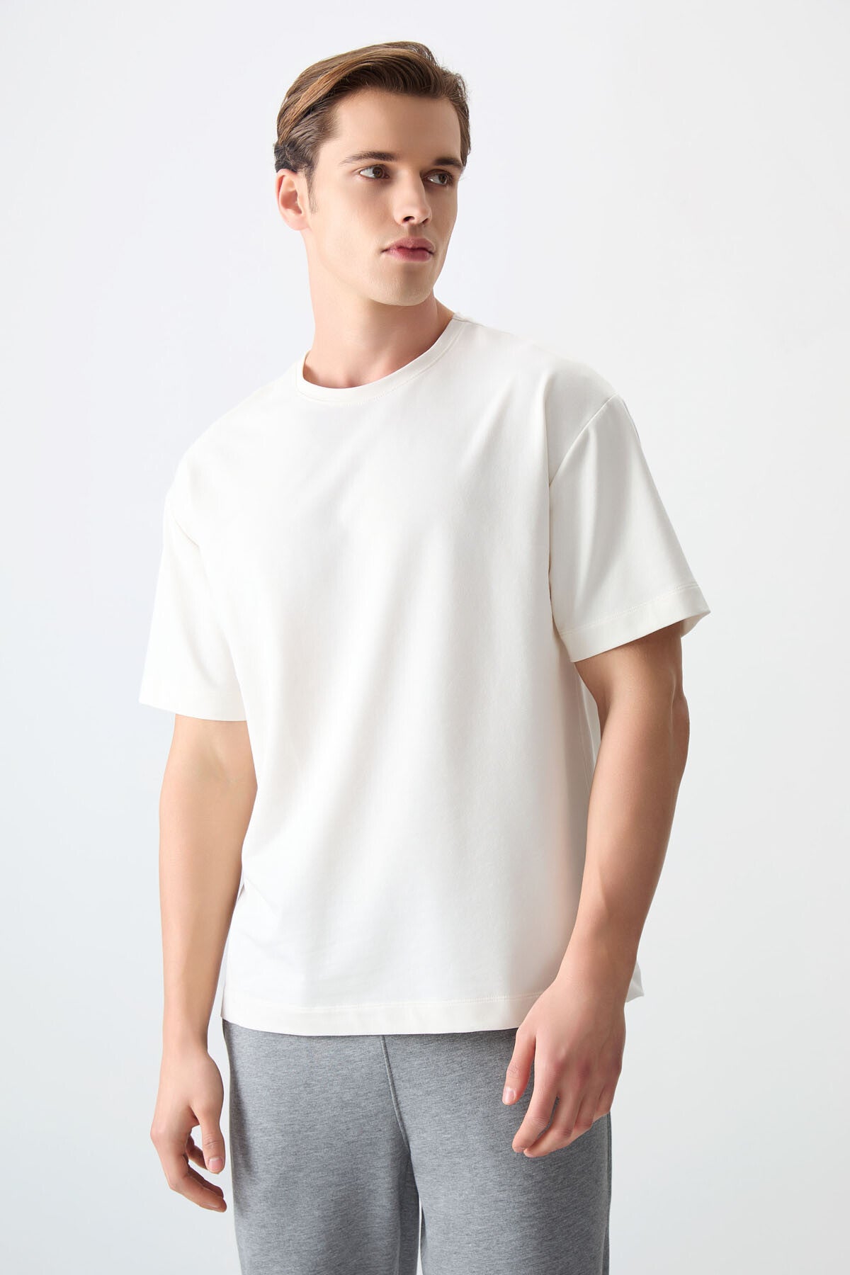 Beige Cotton Thick Soft Textured Oversize Fit Basic Men's T-Shirt - 88377
