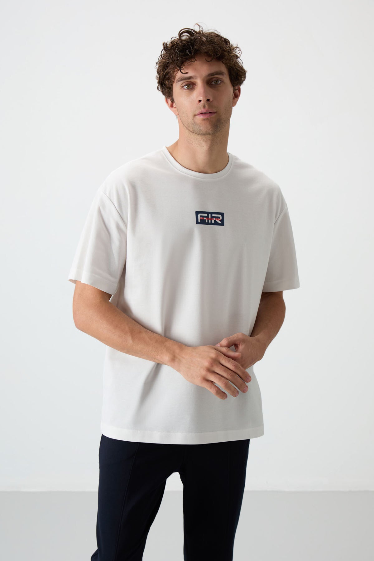 Ecru Thick Cotton Textured Surface Oversize Fit Printed Men's T-Shirt - 88367