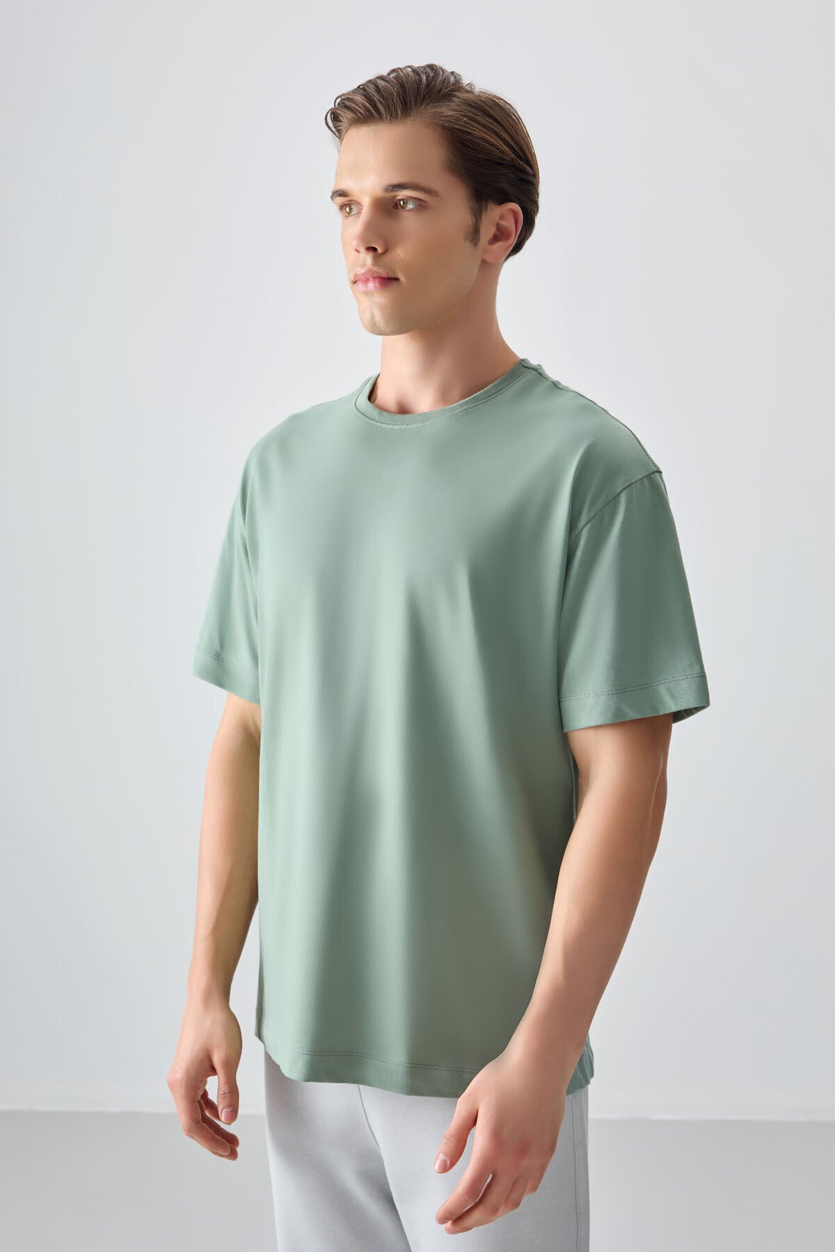 Light Green 100% Cotton Thick Soft Textured Oversize Fit Basic Men's T-Shirt - 88353