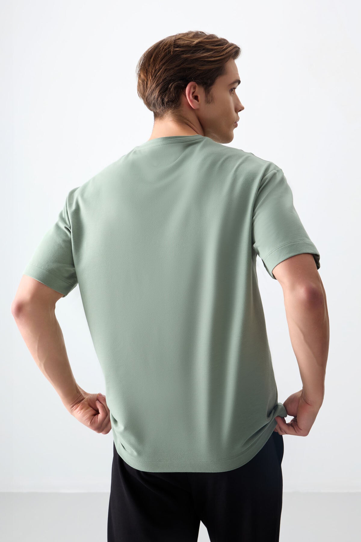 Light Green Cotton Thick Soft Textured Oversize Fit Basic Men's T-Shirt - 88378