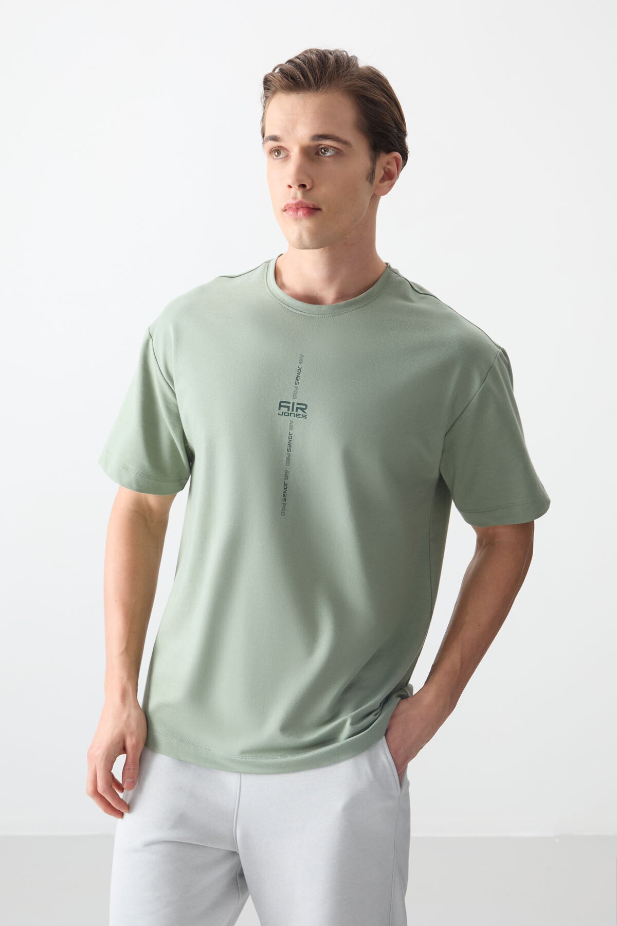 Light Green Cotton Thick Soft Textured Oversize Fit Printed Men's T-Shirt - 88373
