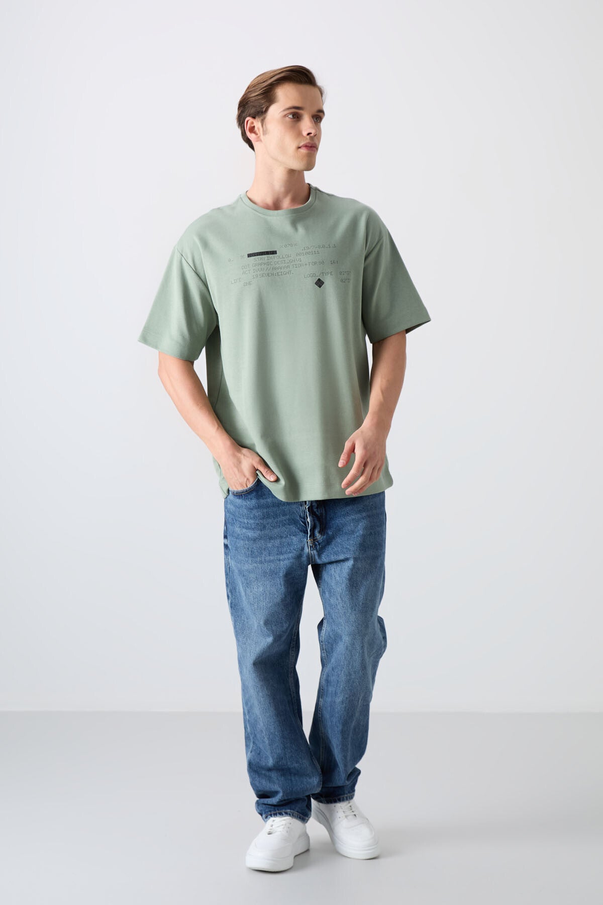 Light Green Cotton Thick Soft Textured Oversize Fit Printed Men's T-Shirt - 88326