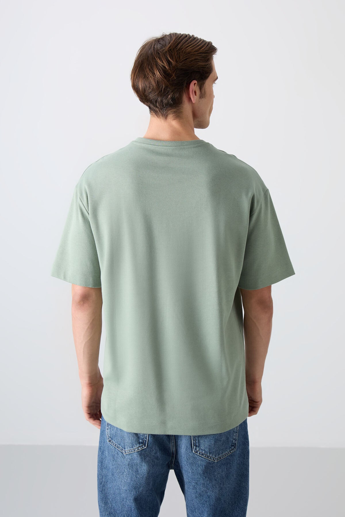 Light Green Cotton Thick Soft Textured Oversize Fit Printed Men's T-Shirt - 88326