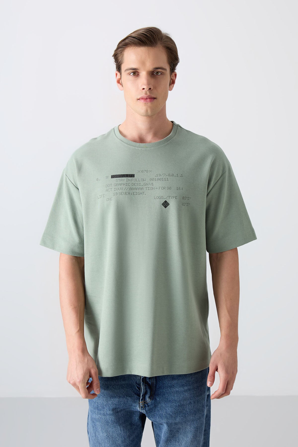 Light Green Cotton Thick Soft Textured Oversize Fit Printed Men's T-Shirt - 88326