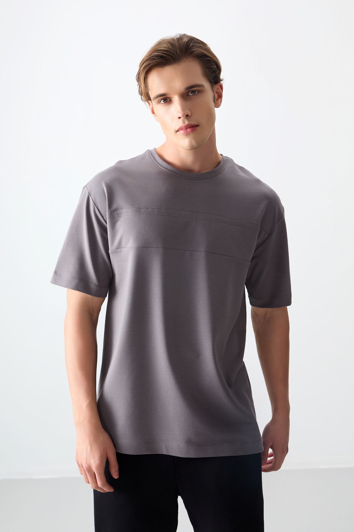 Dark Grey Cotton Thick Soft Textured Oversize Fit Basic Men's T-Shirt - 88378