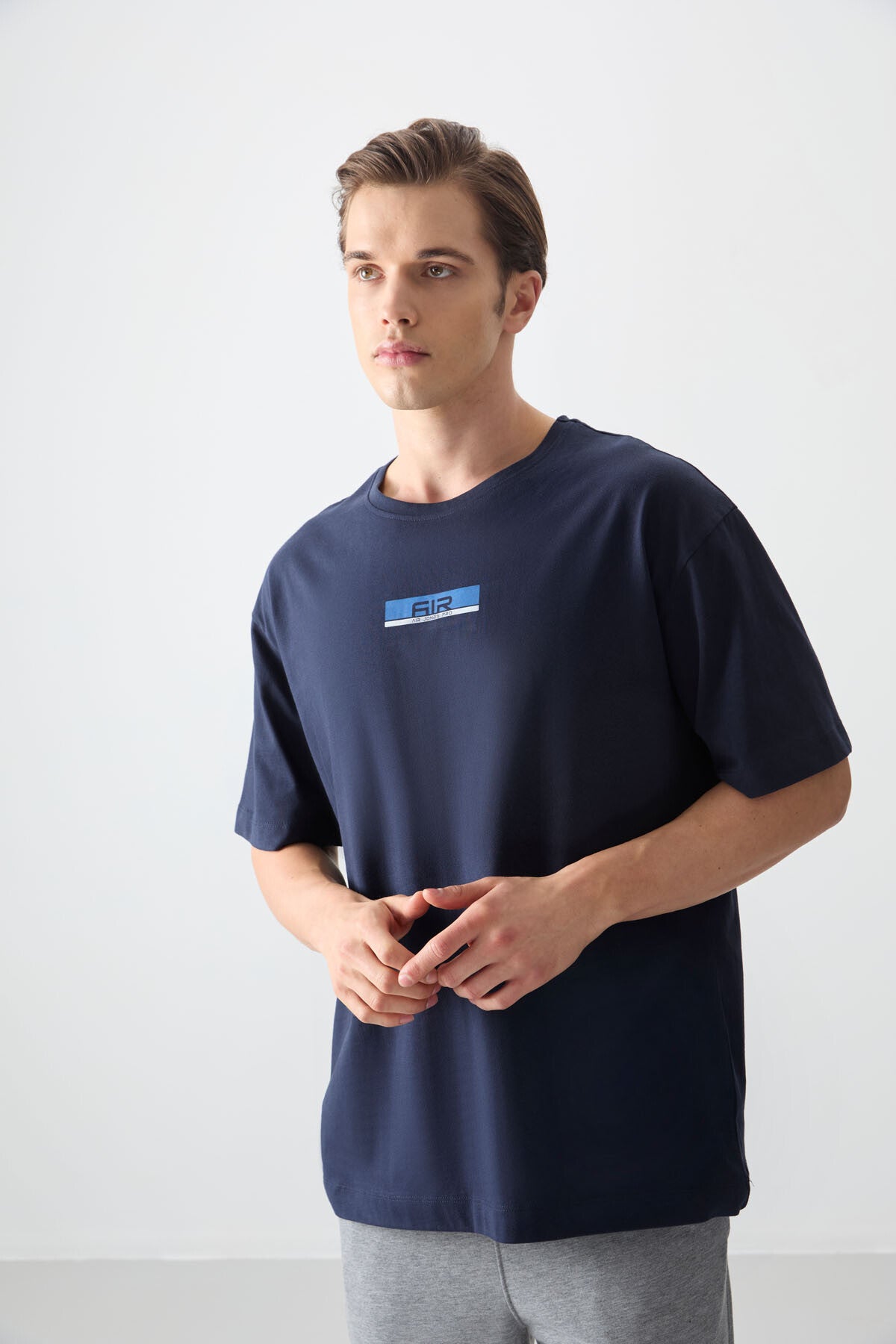 Navy Blue 100% Cotton Thick Soft Textured Oversize Fit Printed Men's T-Shirt - 88359