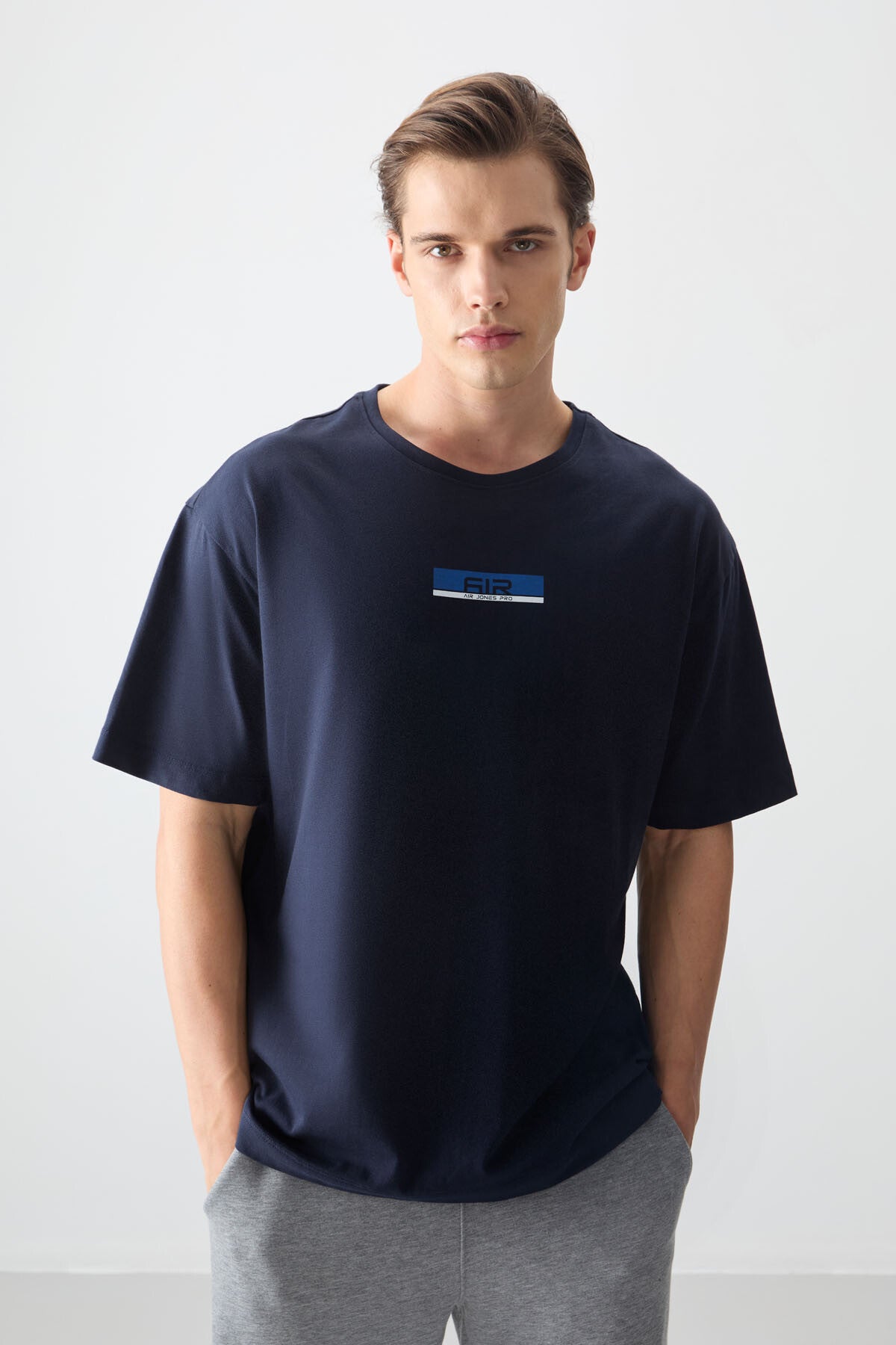 Navy Blue 100% Cotton Thick Soft Textured Oversize Fit Printed Men's T-Shirt - 88359