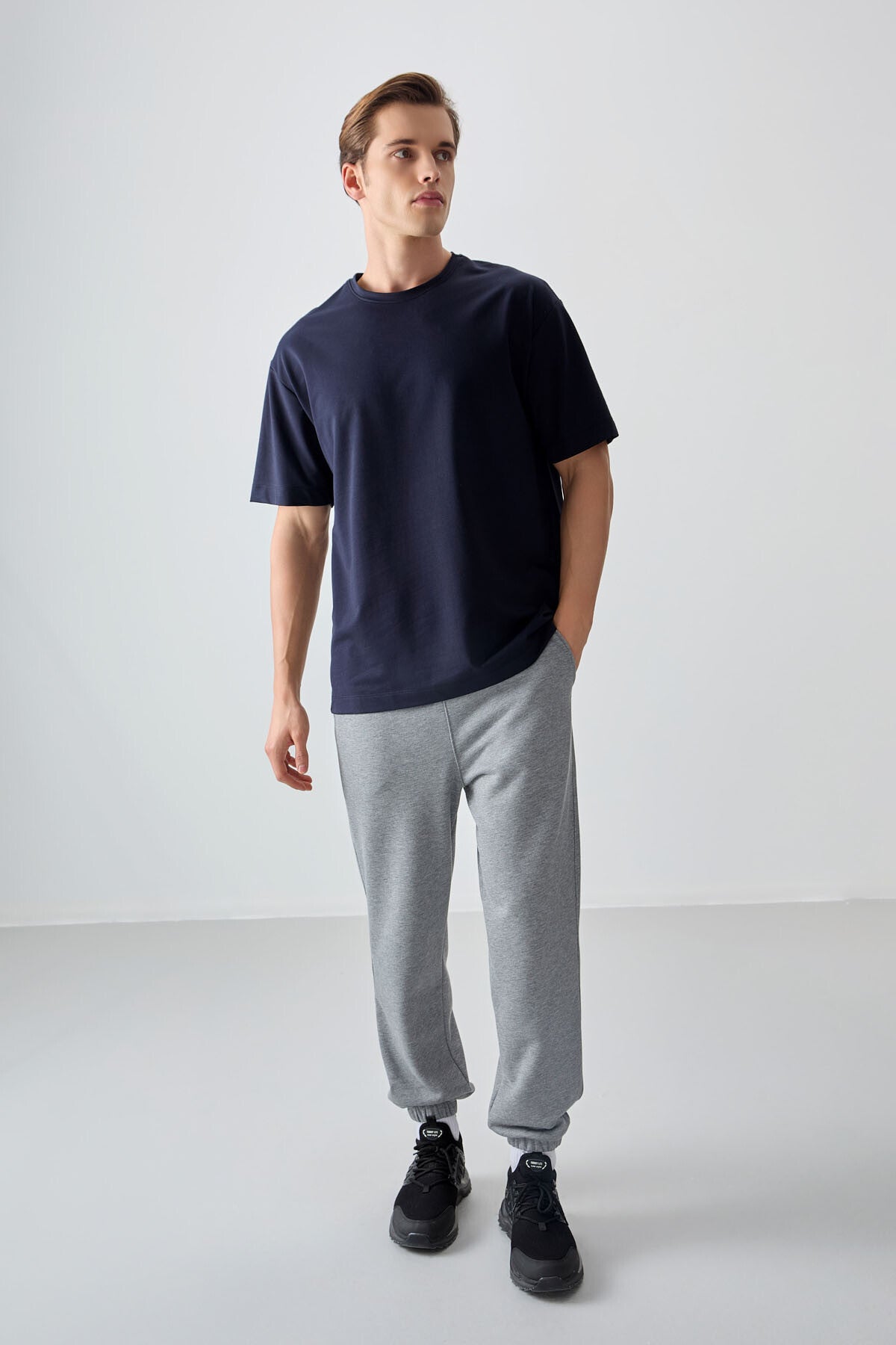Navy Blue Cotton Thick Soft Textured Oversize Fit Basic Men's T-Shirt - 88377