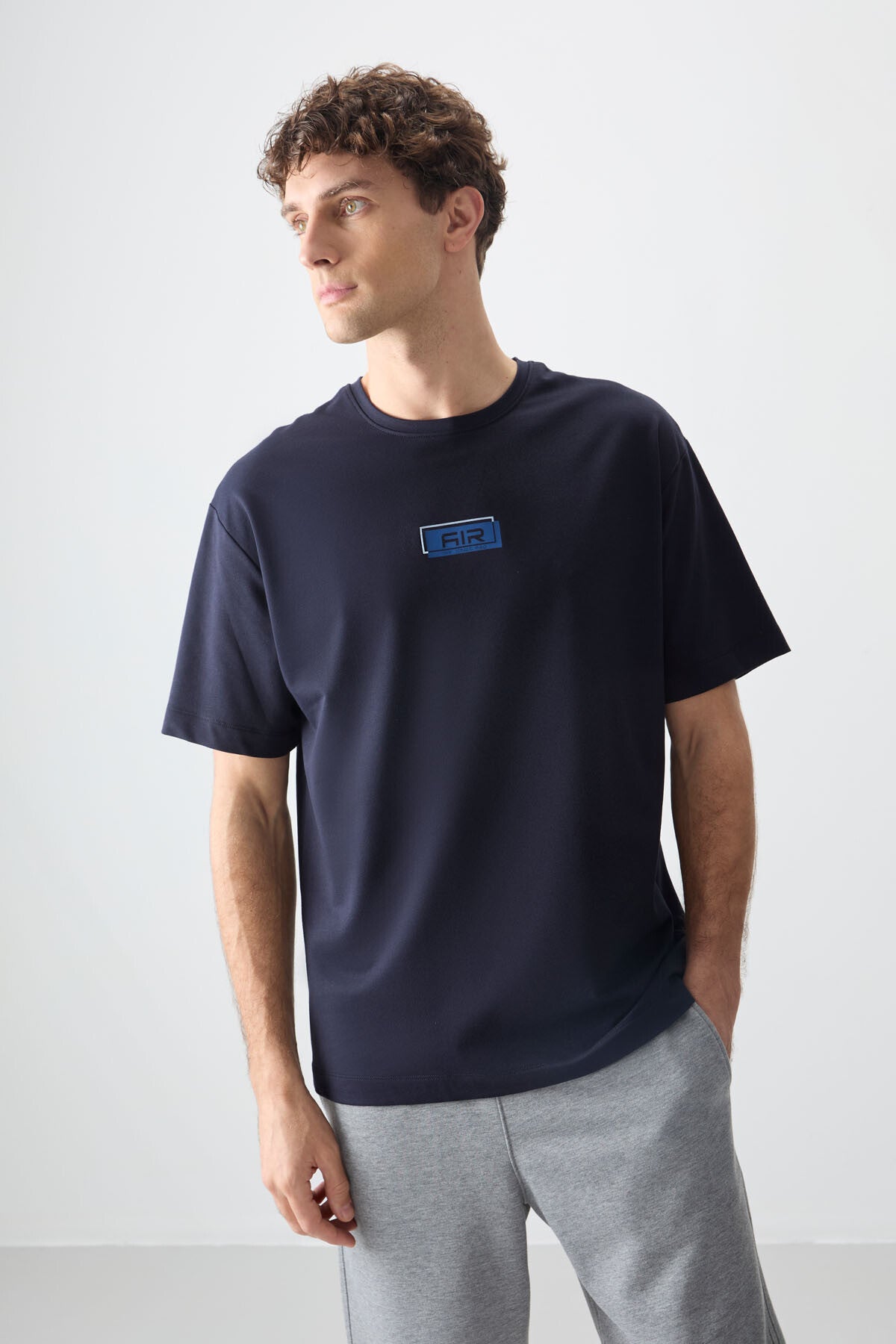 Navy Blue Cotton Thick Soft Textured Oversize Fit Printed Men's T-Shirt - 88376