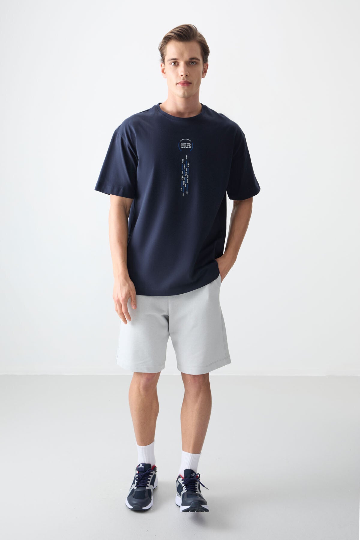 Navy Blue 100% Cotton Thick Soft Textured Oversize Fit Printed Men's T-Shirt - 88355