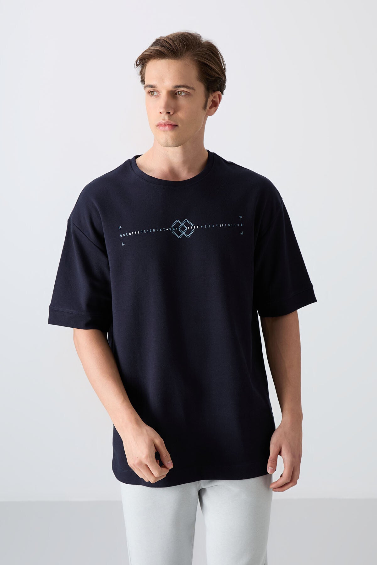 Navy Blue Cotton Thick Soft Textured Oversize Fit Printed Men's T-Shirt - 88323