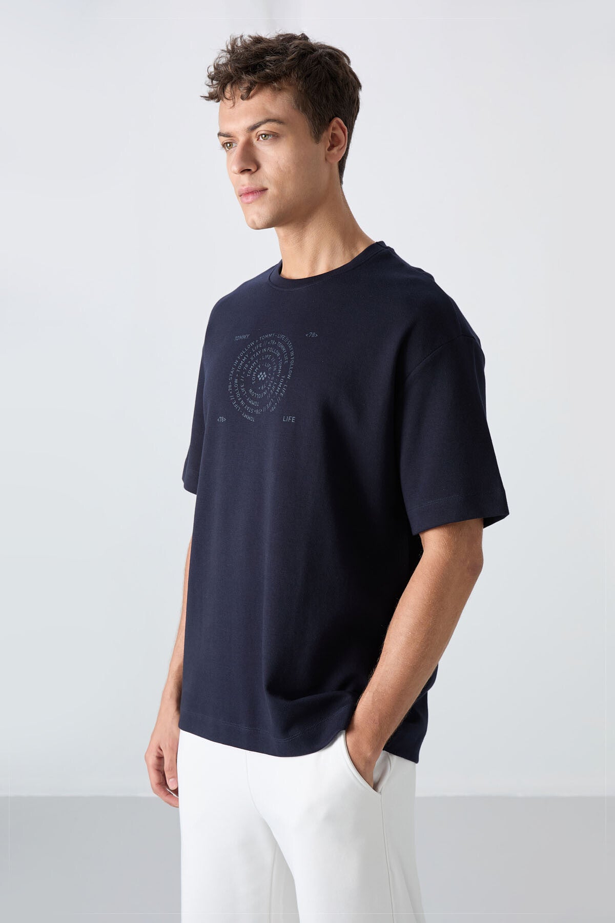 Navy Blue Cotton Thick Soft Textured Oversize Fit Printed Men's T-Shirt - 88324