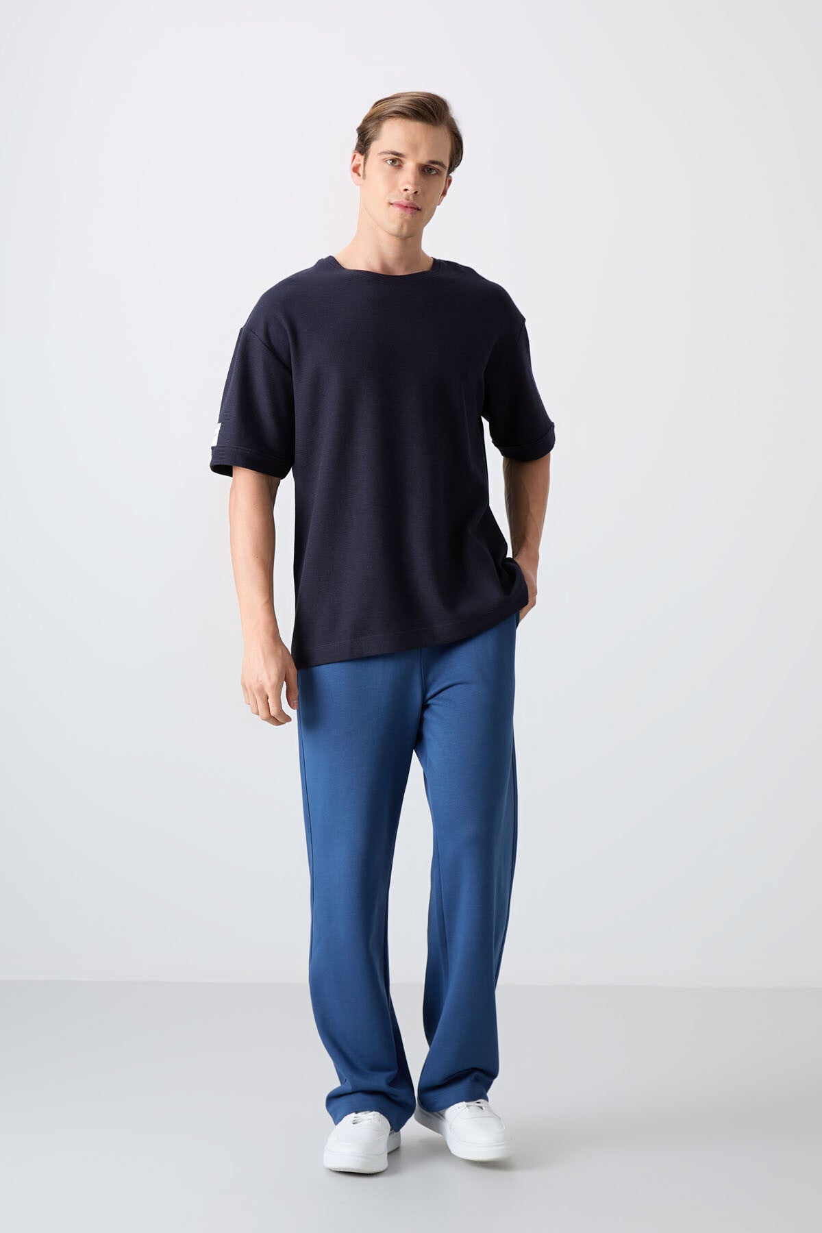 Navy Blue Textured Thick Surface Cotton Oversize Fit Basic Men's T-Shirt - 88339