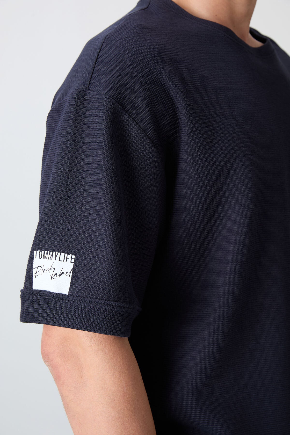 Navy Blue Textured Thick Surface Cotton Oversize Fit Basic Men's T-Shirt - 88339